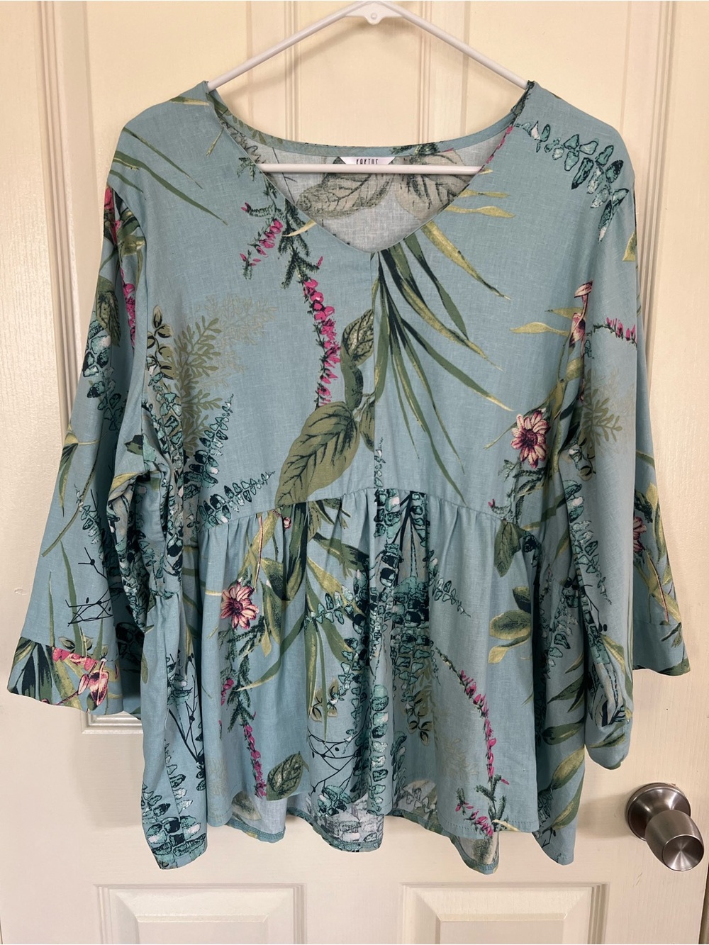 Kaktus Linen Blend Floral Babydoll Tunic Top Large Bell Sleeve